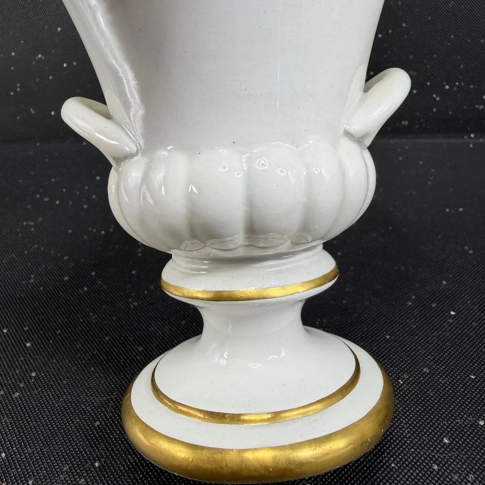 Mottahedeh Italy Porcelain Footed Urn Vase Bowl White Gold Trim Double Handle